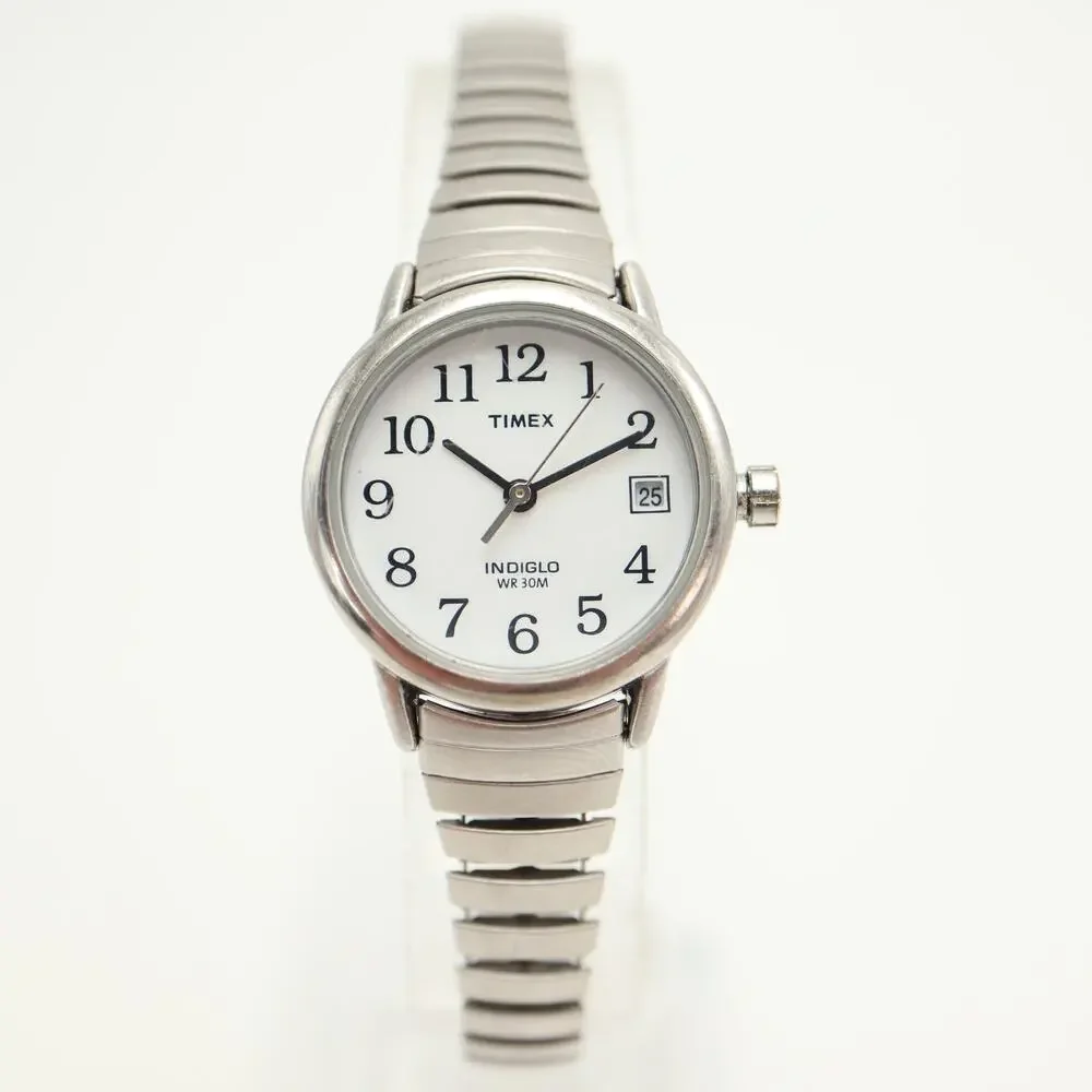 Timex Indiglo Date Silver Tone Women 25mm Watch Metal Stretch Band w New Battery